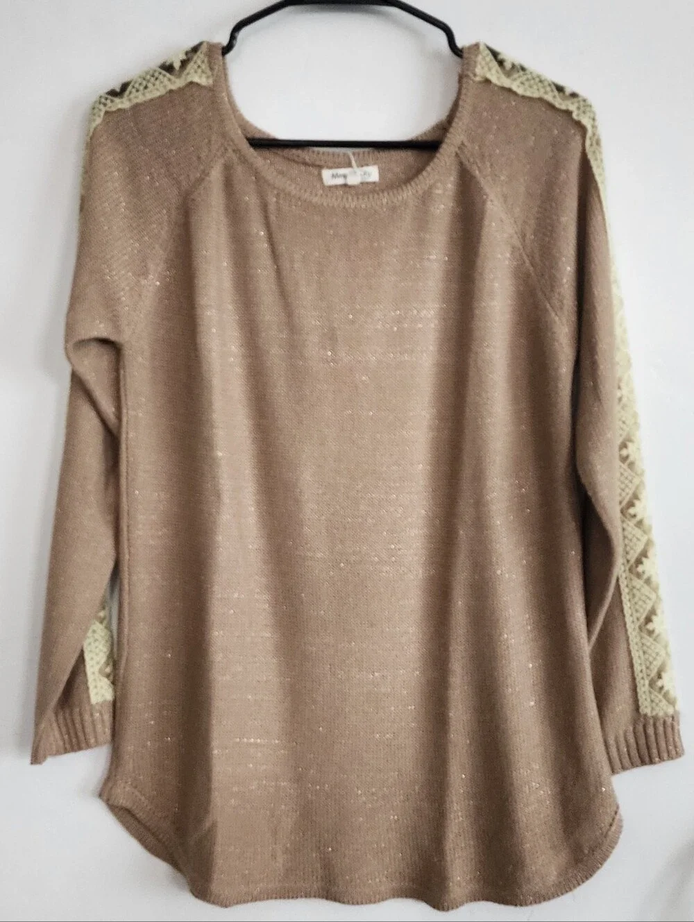 Beige Knit Sweater with Lace Trim -